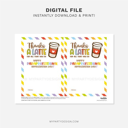 printable Thanks a Latte paraprofessional appreciation day gift card holder