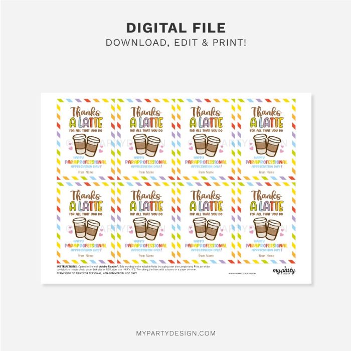 printable Thanks a Latte paraprofessional appreciation day tag