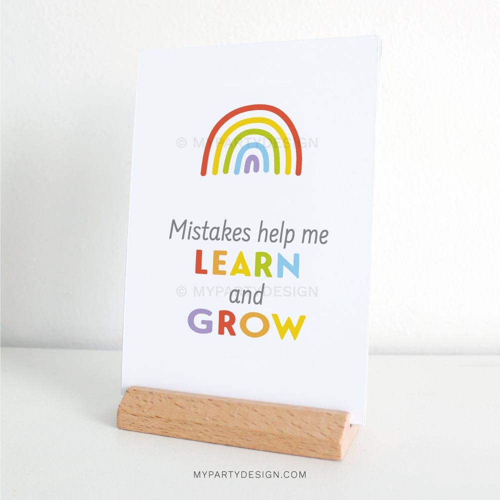 POSITIVE-AFFIRMATION-CARDS-00C kids affirmation card on a stand that reads "mistakes help me learn and grow"
