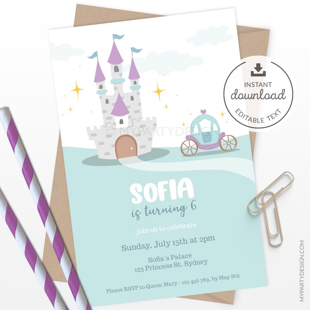 PRINCESS-BIRTHDAY-PARTY-PRINTABLE-INVITATION-00A princess birthday party invitation with whimsical castle and carriage