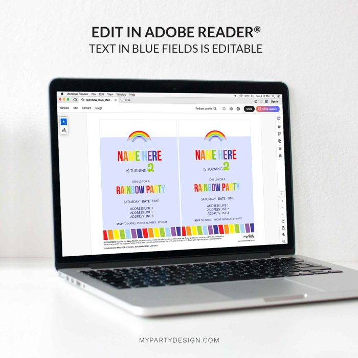 rainbow party invitation - editable printable invite