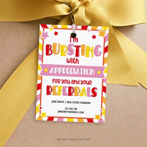 bursting with appreciation for you and your referrals gift tag for client business marketing