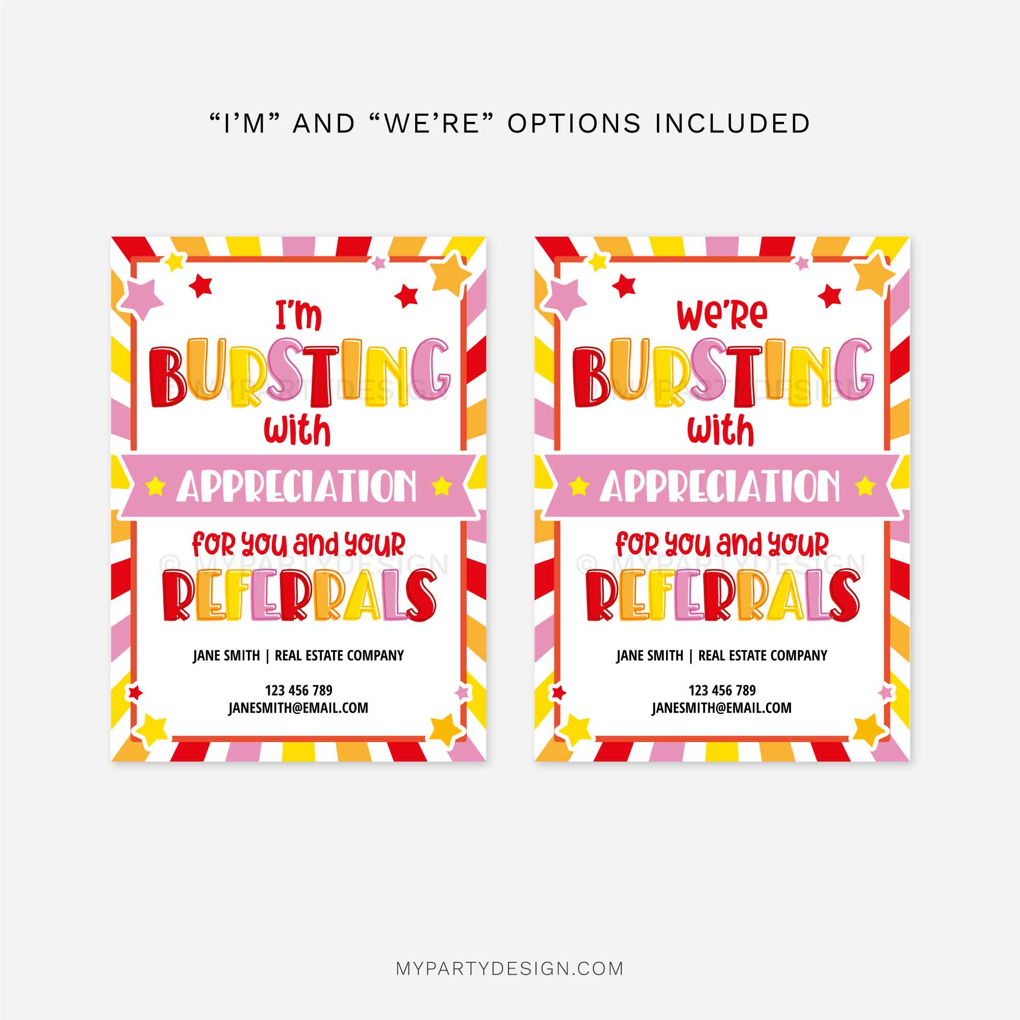 REALTOR-REFERRALS-TAGS-BURSTING-WITH-APPRECIATION-00D yellow and red bursting with appreciation gift tags for business marketing gifts