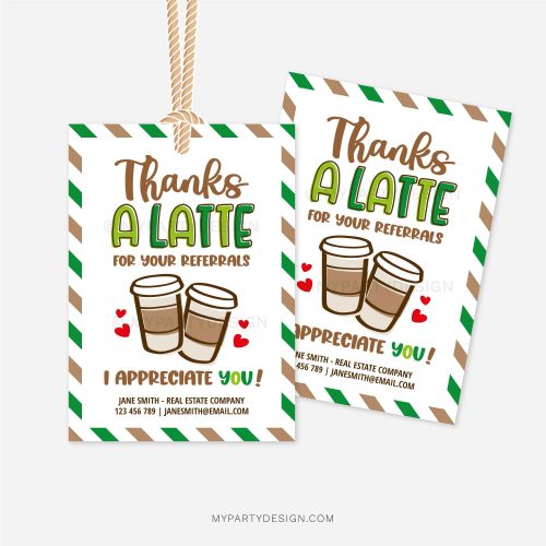 green and brown thanks a latte gift tags for business referrals gifts
