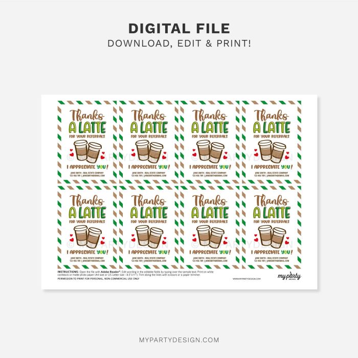 printable thanks a latte referral appreciation tag for client marketing gifts