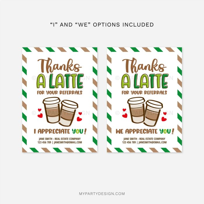 green and brown coffee gift tags for business referrals gifts