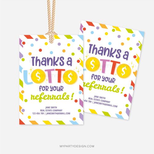 business referrals gift tags that read "thanks a lotto for your referrals"