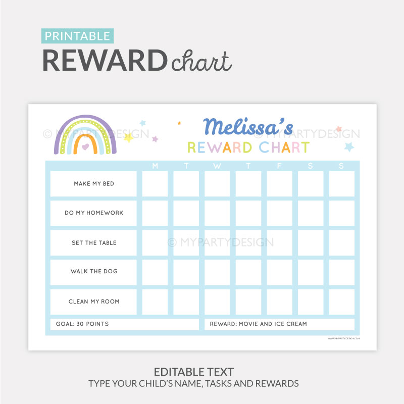 REWARD_CHARTS-005 Reward Chart Printable for girls or boys - blue rainbow