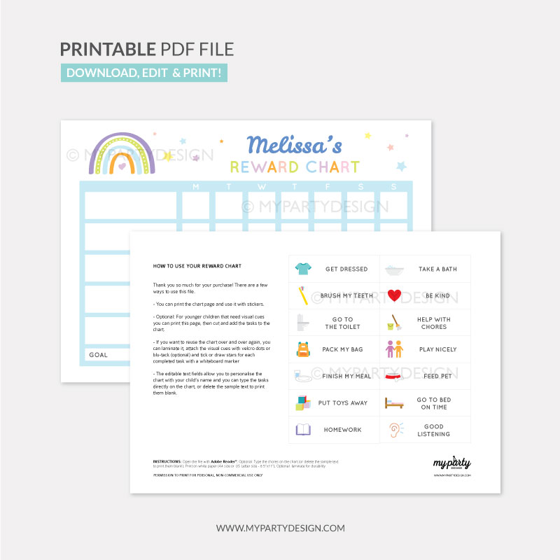 REWARD_CHARTS-007 Reward Chart Printable for girls or boys - blue rainbow
