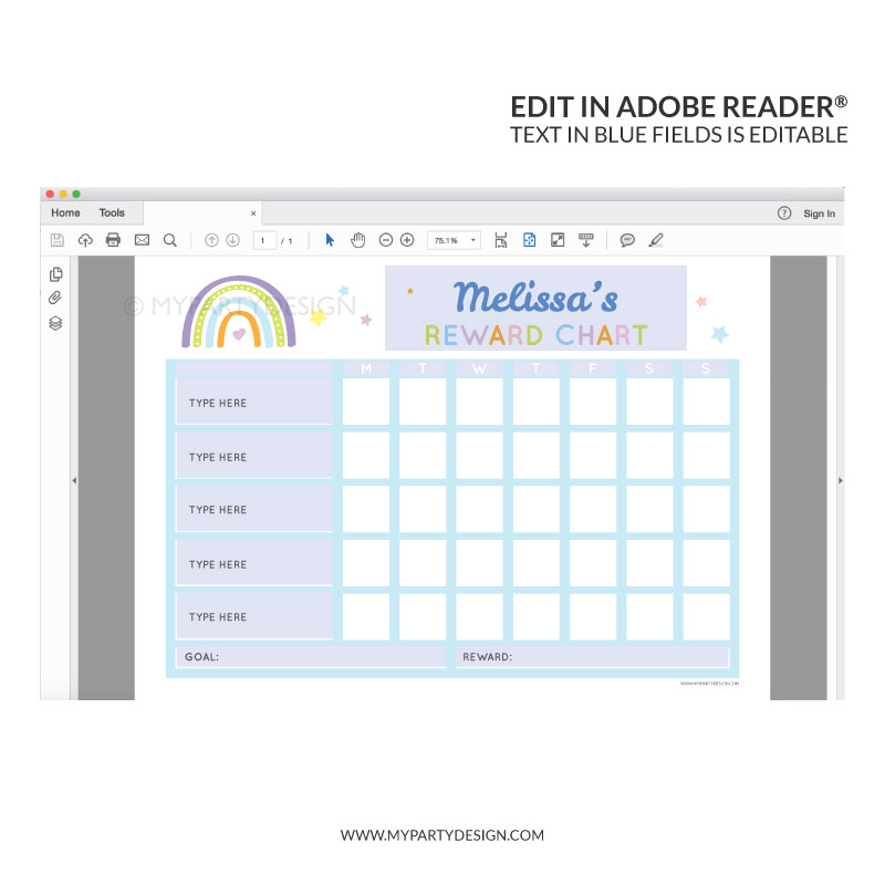 REWARD_CHARTS-008 Editable Reward Chart Printable for girls or boys - blue rainbow