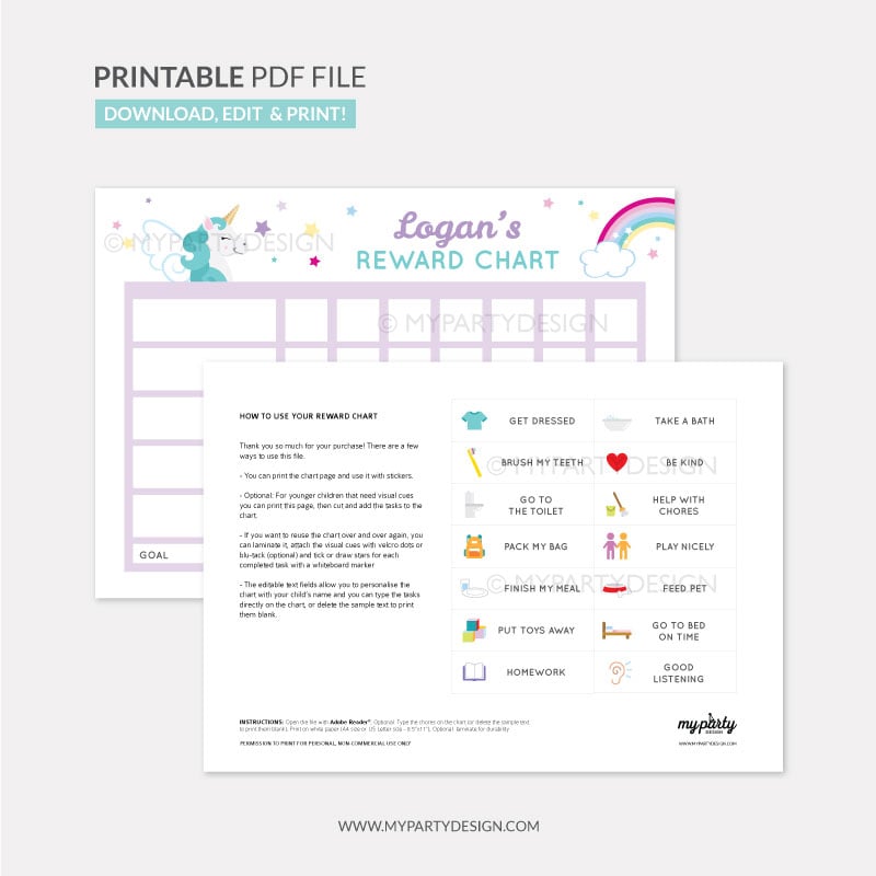 REWARD_CHARTS-031 Reward Chart Printable for girls - unicorn theme