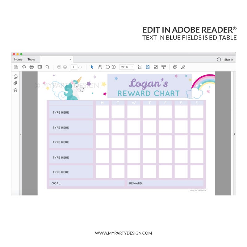 REWARD_CHARTS-032 Editable Reward Chart Printable for girls - unicorn theme