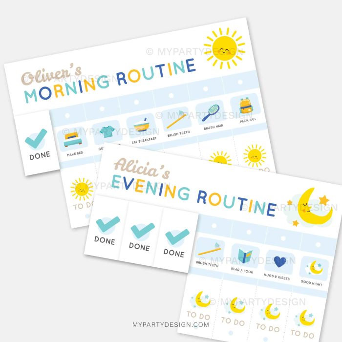 blue routine flip charts for kids with vibrant gender neutral colors and fun visuals for early readers