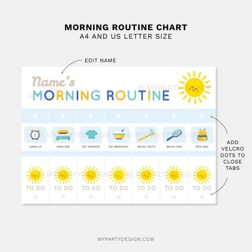blue morning routine flip chart for kids with vibrant gender neutral colors and fun visuals for early readers