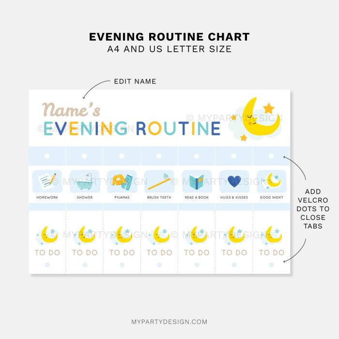 blue evening routine flip chart for kids bedtime with vibrant gender neutral colors and fun visuals for early readers