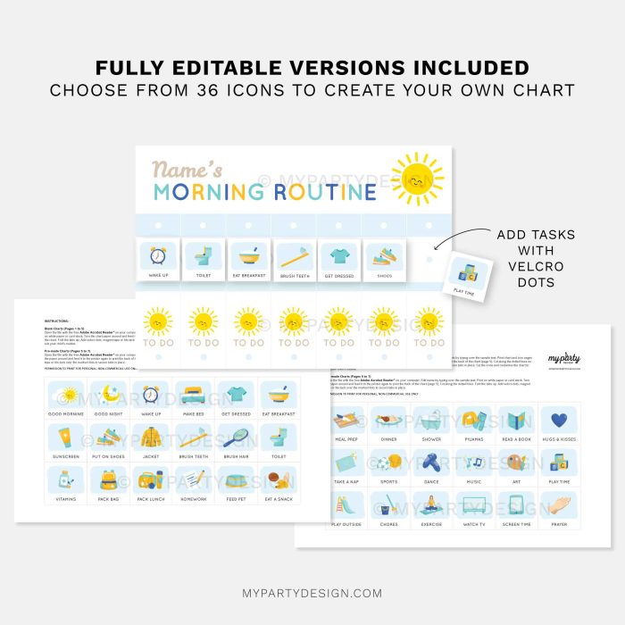 fully editable blue routine flip charts for kids you can personalise with the child's name and activities