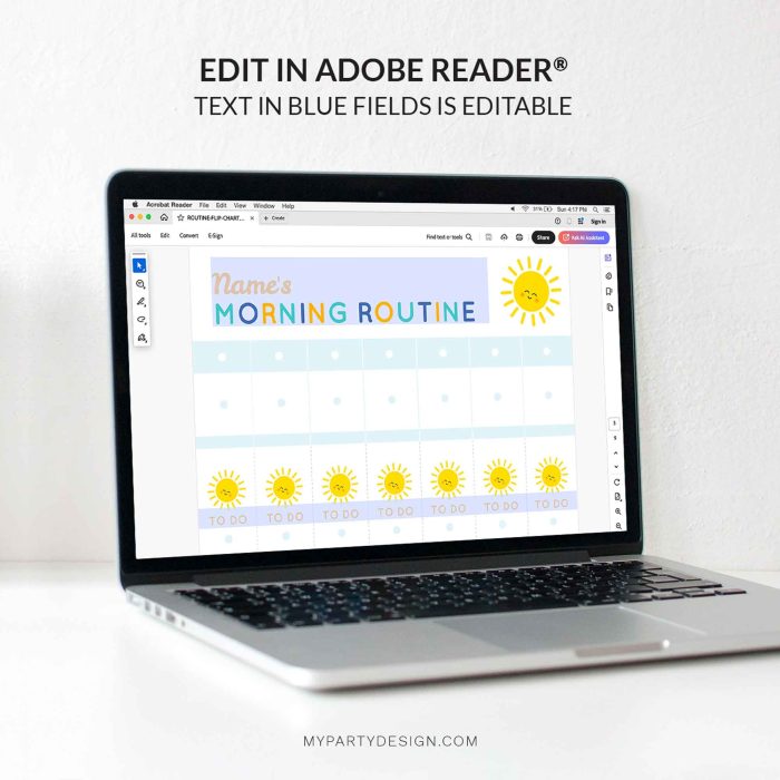 editable blue routine flip chart for kids template you can personalise with the child's name and activities