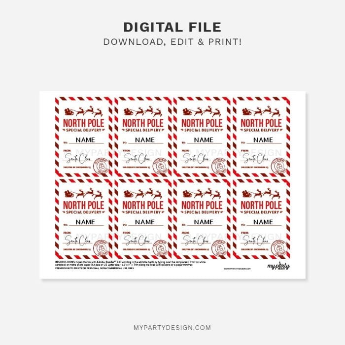 printable North Pole Special delivery tags for Santa gifts