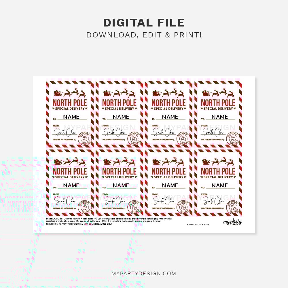SANTA-GIFT-TAGS-NORTH-POLE-SPECIAL-DELIVERY-00C printable North Pole Special delivery tags for Santa gifts