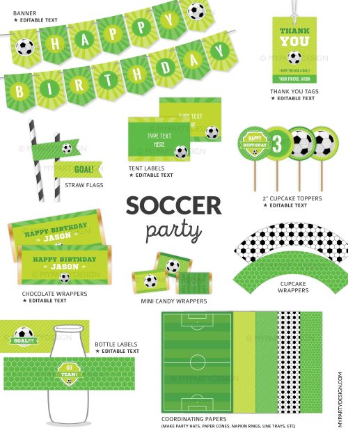 light green and dark green soccer party printables for kids birthday party or sports theme decoration