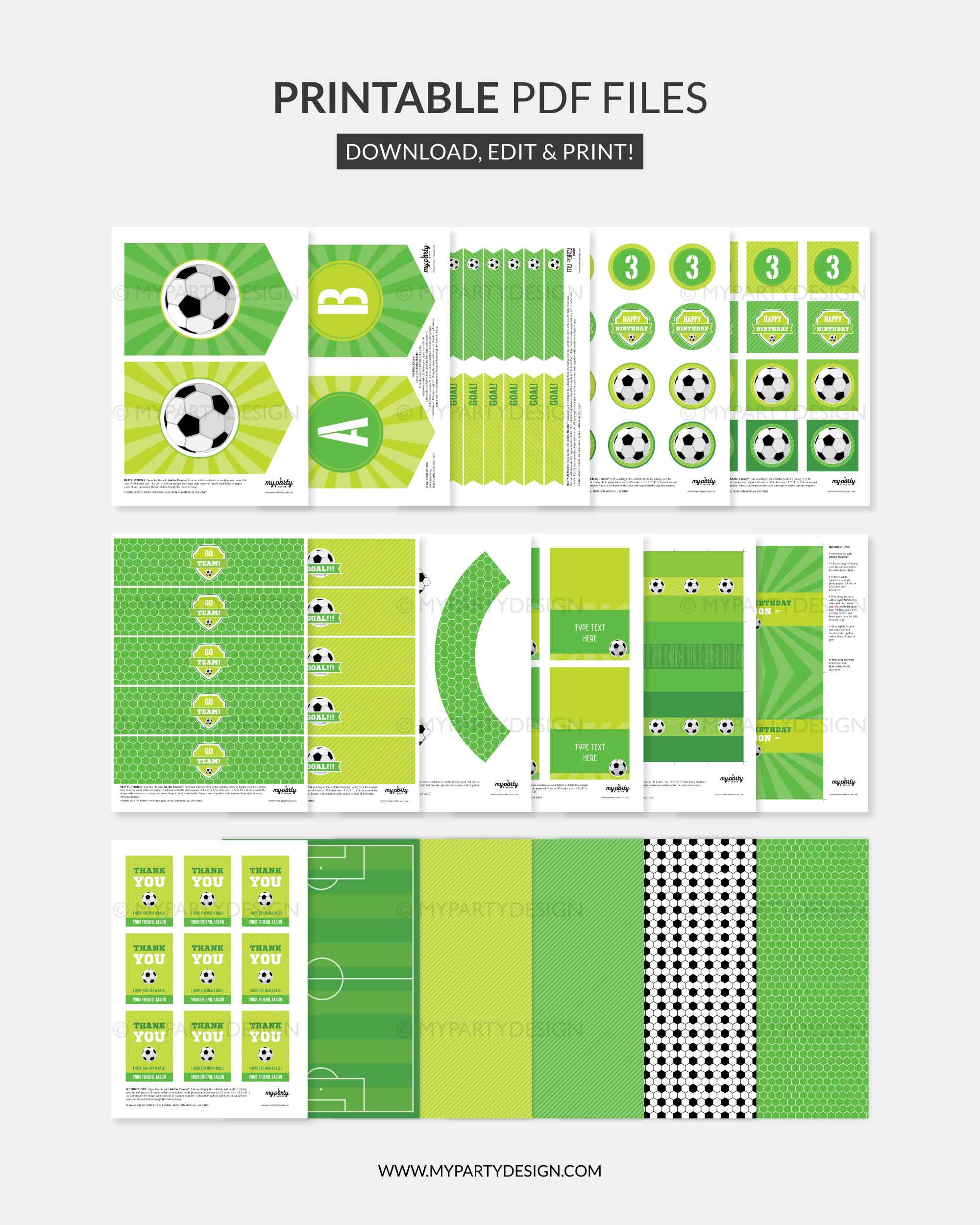 SOCCER-BIRTHDAY-PARTY-PRINTABLES-00C printable light green and dark green soccer party printables for kids birthday party or sports theme decoration