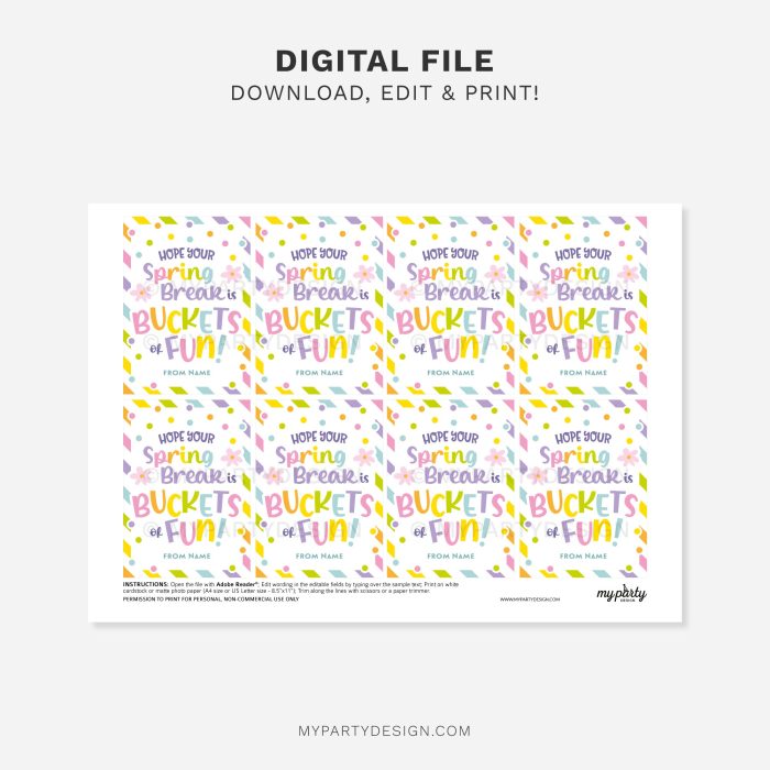 printable buckets of fun spring break gift tag for spring class gifts