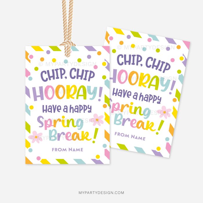 rainbow coloured spring break gift tags for chocolate chip cookies that read "chip chip hooray! Have a happy spring break!"