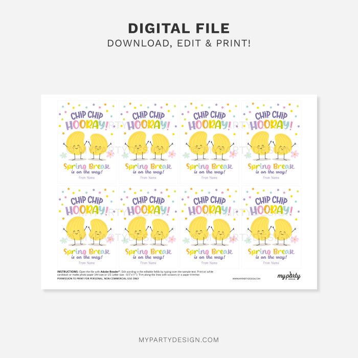 printable Spring Break Chip Hooray Chips Gift Tag for Spring Break class gifts