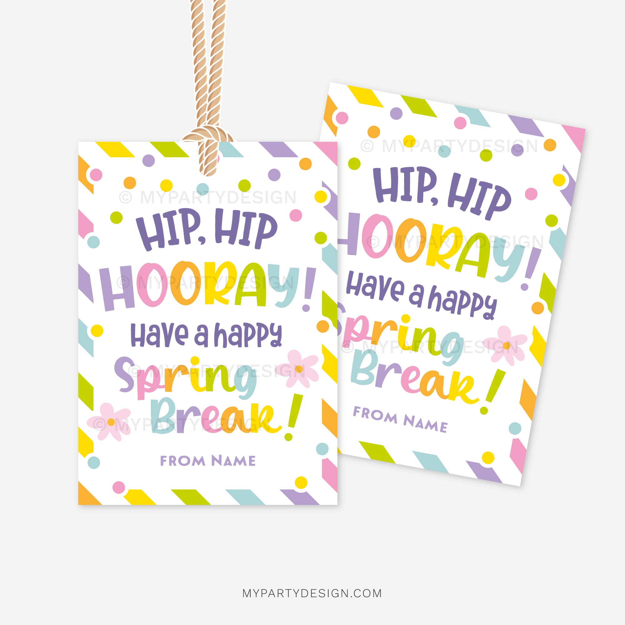 SPRING-BREAK-GIFT-TAGS-HIP-HIP-HOORAY-00B rainbow coloured spring break gift tags that read "hip hip hooray! Have a happy spring break!"