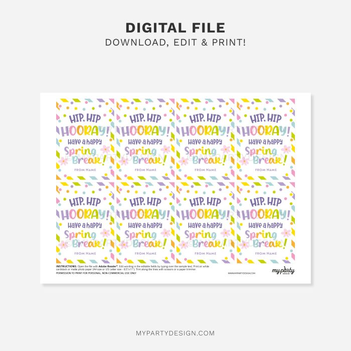 printable spring break hip hip hooray gift tag for spring class gifts
