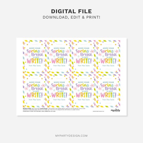 printable spring break pencil tag for non-candy spring break class gifts