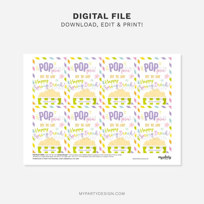 printable spring break popcorn gift tag for teacher appreciation or class gifts