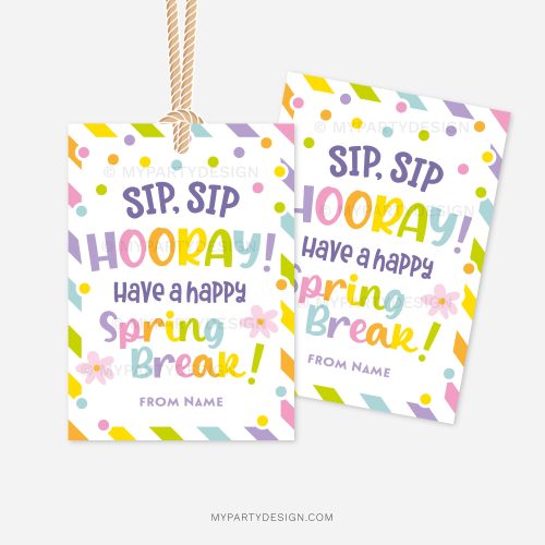 rainbow coloured spring break gift tags for straws that read "sip sip hooray! Have a happy spring break!"