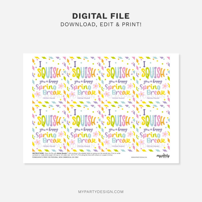 printable I squish you a happy spring break gift tag for spring break class gifts