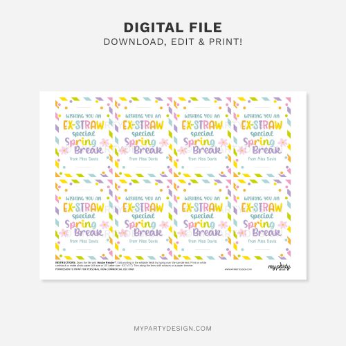 printable spring break straw tag for school non-candy spring break class gifts