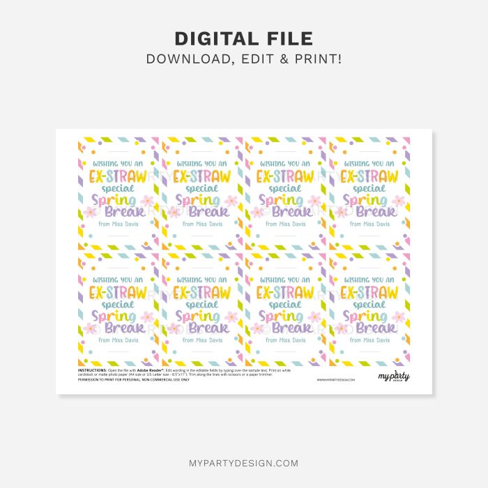 printable spring break straw tag for school non-candy spring break class gifts