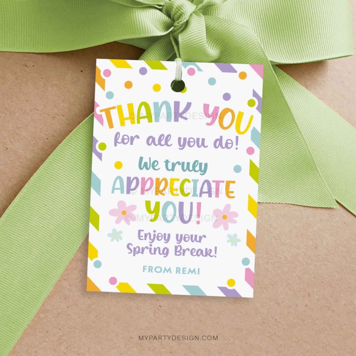 spring break thank you gift tag for staff, volunteers or teacher appreciation gifts