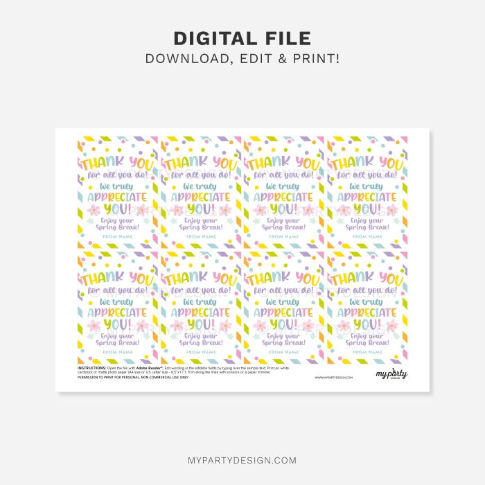 printable spring break thank you gift tag for staff, volunteers or teacher appreciation gifts