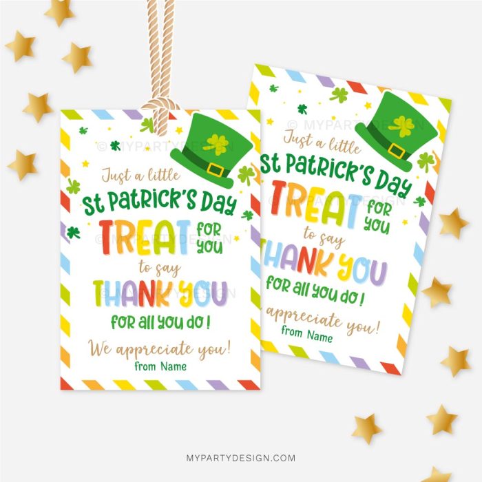 St Patricks Day tags that read "Just a little St Patrick's Day treat for you to say Thank you for all you do! We appreciate you!"