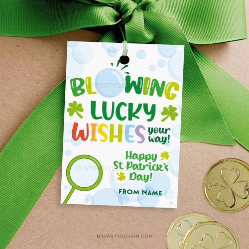 blowing lucky wishes st patrick's day gift tag for st patricks bubbles class gifts