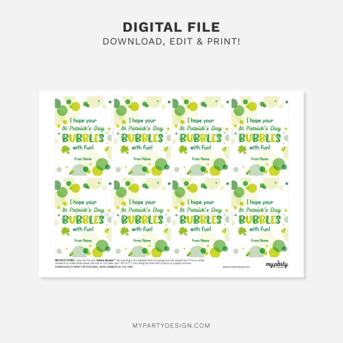 printable bubbles st patrick's day tags / cards for kids