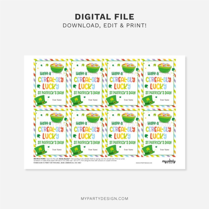 printable cereal st Patricks day tags