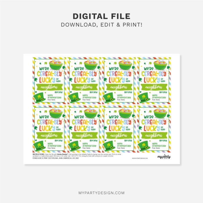 printable cereal neighbors st Patrick's day tags