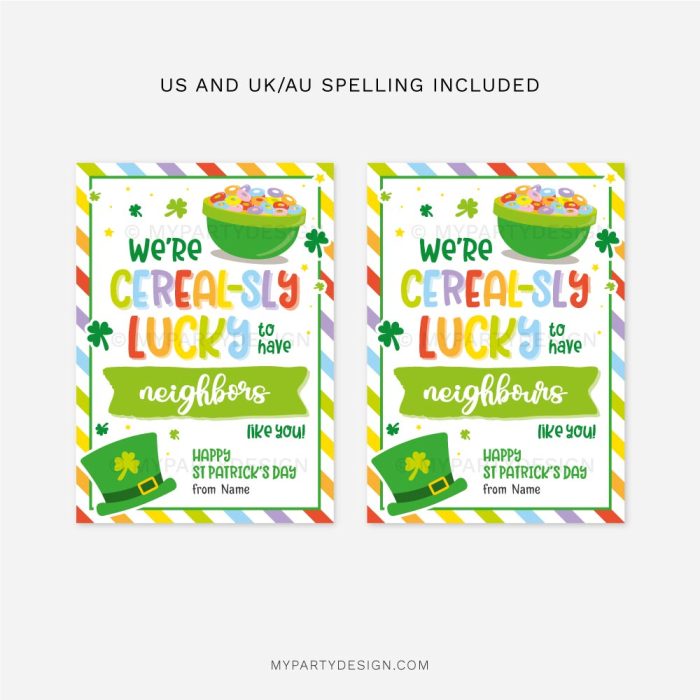 printable cereal neighbors st Patrick's day tags