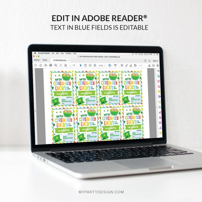 editable cereal neighbors st Patrick's day tags