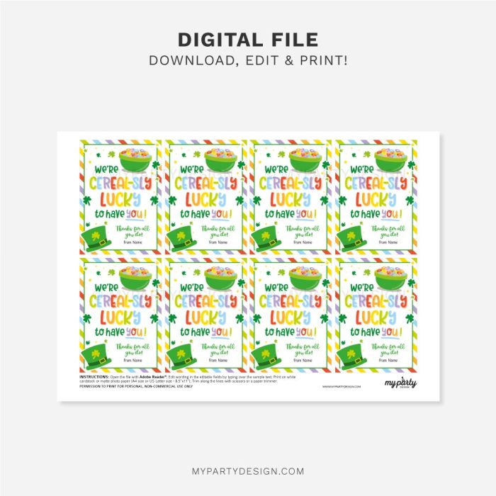 printable cerealsly lucky to have you tags for St Patricks day appreciation gifts