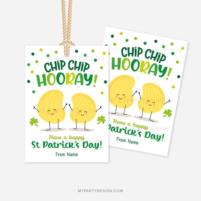 st patricks day gift tags for chips that read "chip chip hooray, have a happy st patrick's day"