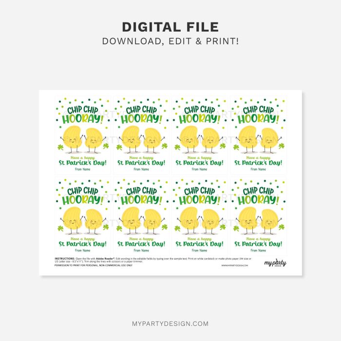 printable chip hooray chips st patrick's day gift tags for st patty's class gifts