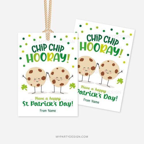 st patricks day gift tags for chocolate chip cookies that read "chip chip hooray, have a happy st patrick's day"