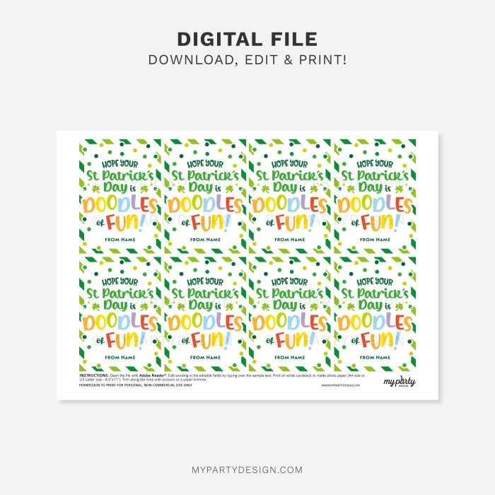 printable doodles of fun st patrick's day gift tag for drawing or coloring book class gifts